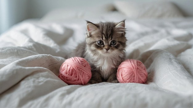 Joyeux chat persan dormante et moelleux joue avec de belles boules de fil