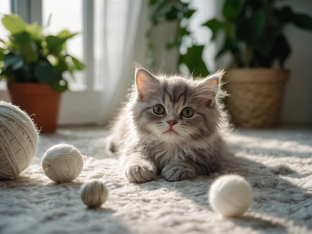 Joyeux chat persan dormante et moelleux joue avec de belles boules de fil