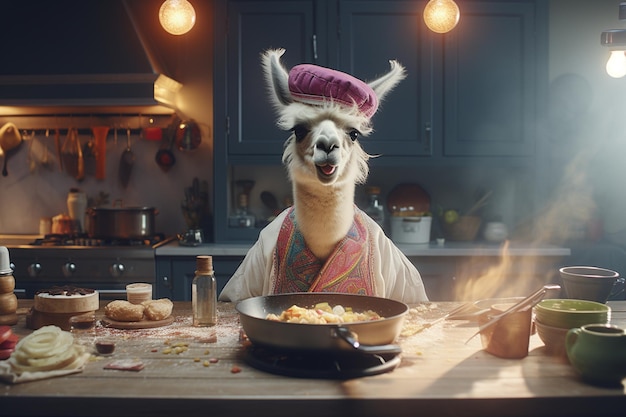 Le joyeux chef lama dans la cuisine
