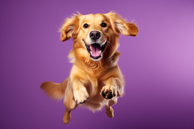 Joyeux chien Golden Retriever sautant sur fond violet