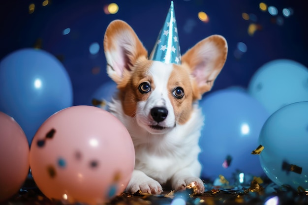 Photo joyeux chiot corgi gallois avec des ballons bleus lors de la fête d'anniversaire concept de vacances et d'anniversaire