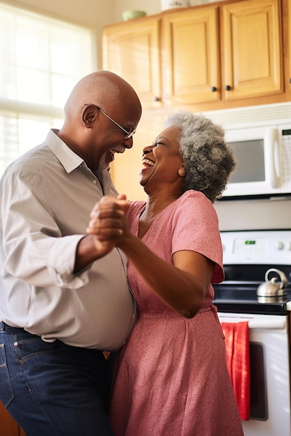 Joyeux couple afro-américain âgé dansant dans la cuisine