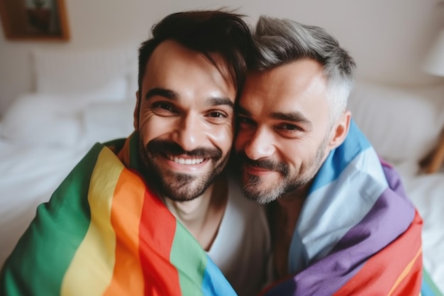 Joyeux couple gay avec portrait arc-en-ciel et amour tout en se liant à la maison créé avec générative ai