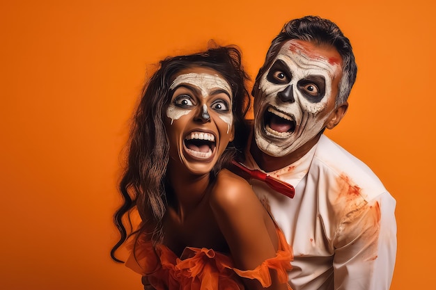 Joyeux couple multiculturel en costumes de zombies plaisantant et posant sur fond orange