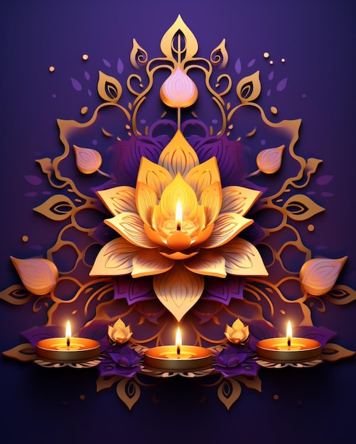 Joyeux design diwali avec des fleurs et des bougies lumineuses sur fond violet