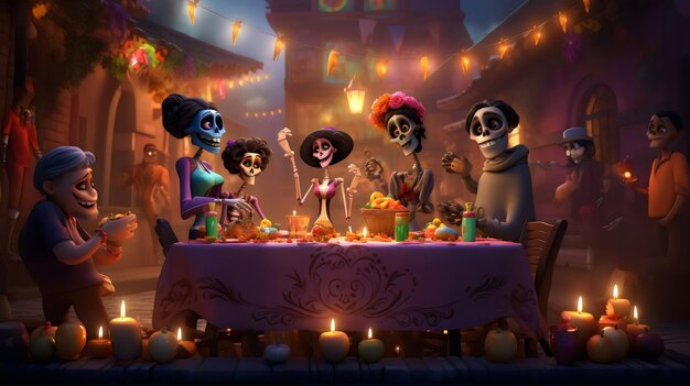 Photo joyeux dîner de famille à dia de muertos avec leur ancêtre