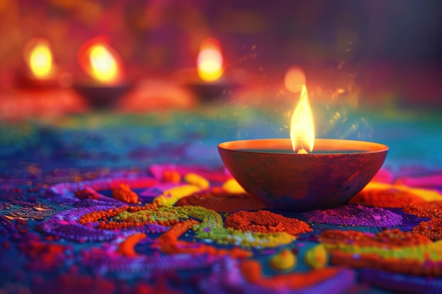 Joyeux Diwali Diya lampes à huile allumées sur rangoli coloré avec espace de copie