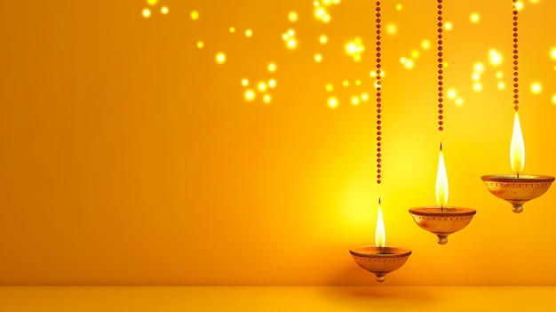 Joyeux Diwali avec un diya suspendu sur un fond jaune
