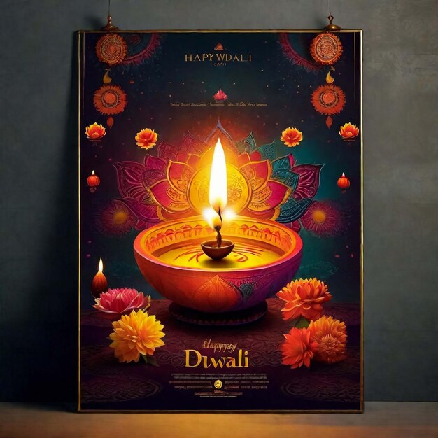 Joyeux Diwali festival hindou design moderne dans un style découpé en papier avec des lampes à huile sur des vagues colorées et