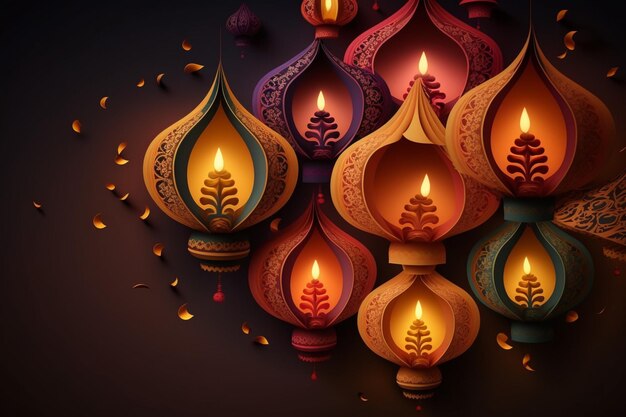 Joyeux diwali ou festival indien traditionnel deepavali avec lampe ou lanterne céleste Festival hindou indien