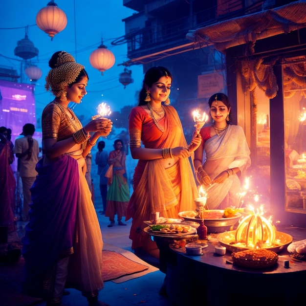 Joyeux Diwali Des lampes Diya colorées ont allumé des bougies pendant la célébration de Diwali