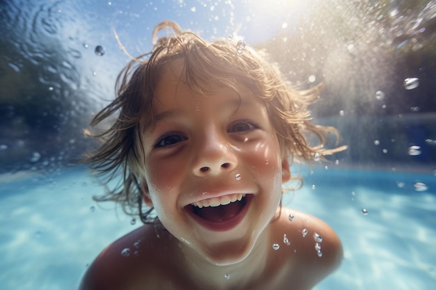 Joyeux enfant s'amusant à nager sous l'eau dans la piscine