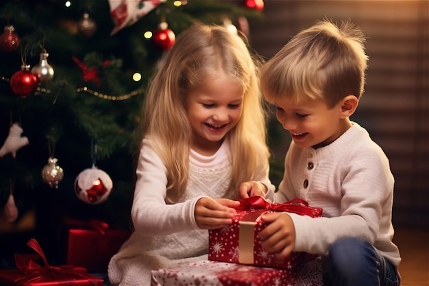 Joyeux enfants mignons, une fille et un garçon ouvrant des cadeaux de Noël