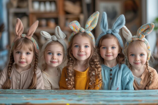 Joyeux enfants à Pâques Quatre filles avec des oreilles de lapin sur la tête