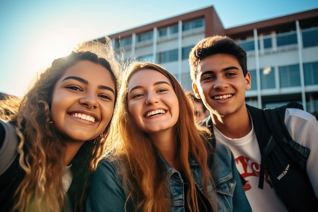 Joyeux étudiants multiculturels posant ensemble faisant un selfie près du bâtiment universitaire en plein air Concept d'éducation universitaire