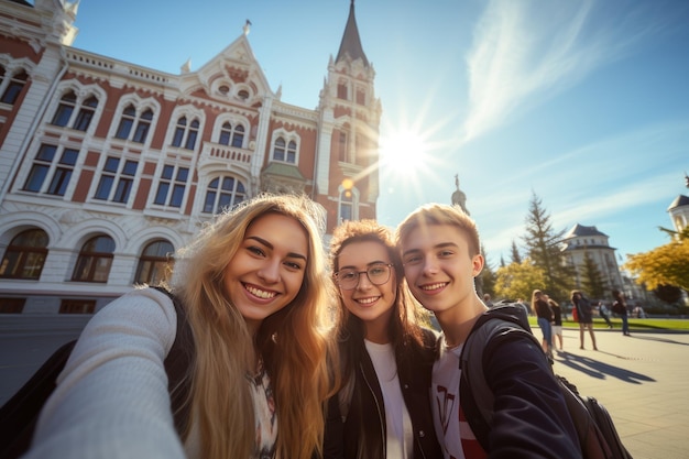 Joyeux étudiants multiculturels posant ensemble faisant un selfie près du bâtiment universitaire en plein air Concept d'éducation universitaire