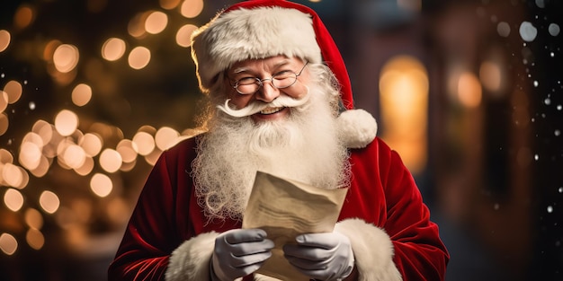 Joyeux et extatique vieux Père Noël en costume serrant Happy Holidays liste de souhaits papier IA générative