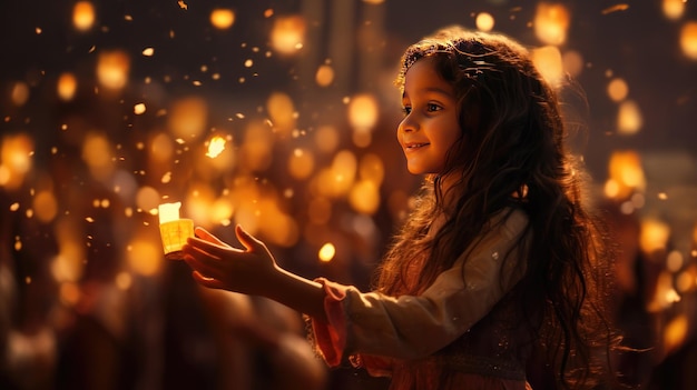 Joyeux festival de Diwali enfant indien en costume traditionnel éclairage organisant une lampe à huile diya et des fleurs