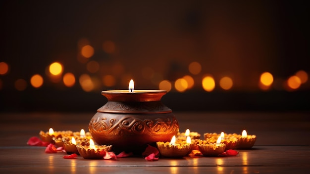 Joyeux festival de Diwali avec lampe à huile diya et mandala floral sur fond de bokeh flou de nuit Fête traditionnelle indienne colorée des lumières célébration IA générative