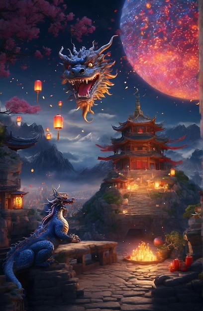 joyeux festival du Nouvel An chinois paysage à l'arrière-plan avec dragon