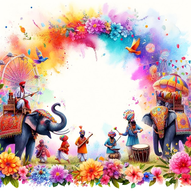 Joyeux festival hindou des couleurs accueillant les animaux en arrière-plan avec des danses de fond colorées