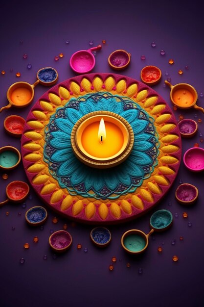 Photo joyeux festival de lumières de diwali fond coloré avec lampe décorative diya et rangoli