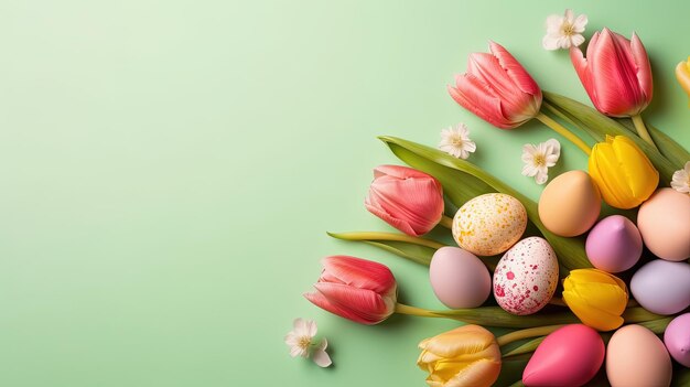 Joyeux fond de carte de vacances de pâques avec des tulipes et des oeufs décoratifs de différentes couleurs