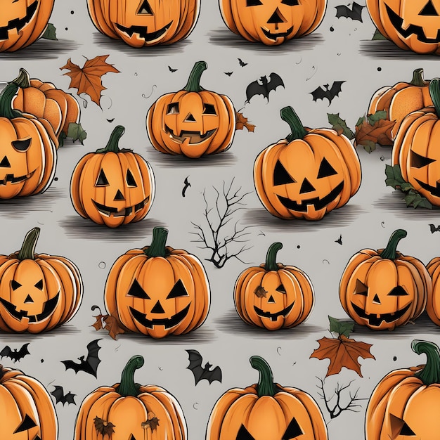 Joyeux fond d'Halloween avec des fantômes et des citrouilles Illustration de groupe générée par l'IA