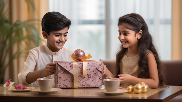 Joyeux frère et soeur indiens échangeant une boîte-cadeau pendant le festival de raksha bandhan