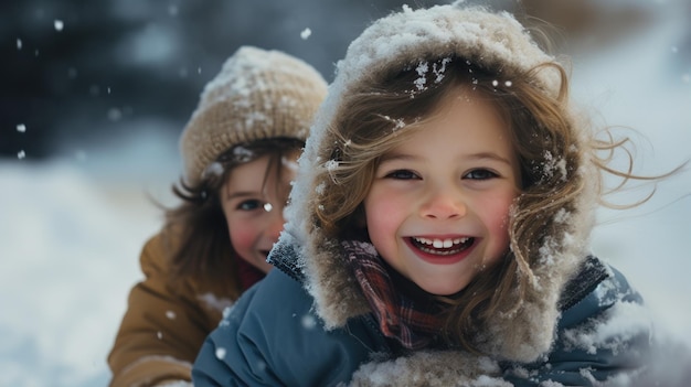 Joyeux frères et sœurs s'amusant dans la neige