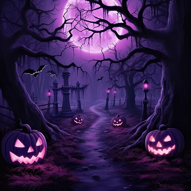 Joyeux Halloween bannière ou fond d'invitation à une fête avec des nuages de brouillard violets et des citrouilles