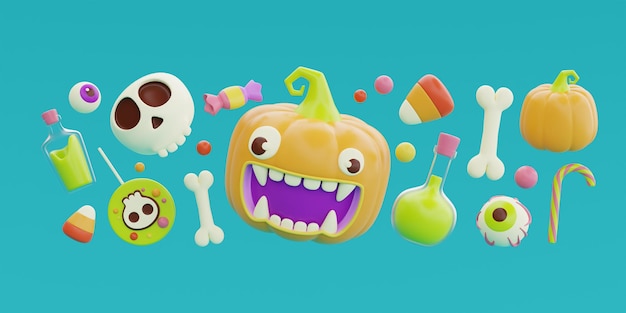 Joyeux Halloween avec citrouilles JackoLantern caractère bonbons colorés et bonbons flottant rendu 3d