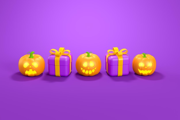 Joyeux Halloween avec citrouilles JackoLantern et coffrets cadeaux sur fond violet