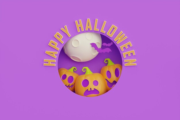 Joyeux Halloween avec des citrouilles JackoLantern sous la lune sur fond violet vacances traditionnelles d'octobre rendu 3d