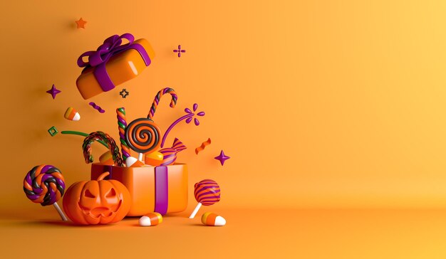 Photo joyeux halloween décoration fond avec boîte cadeau jack o lanterne citrouille sucette bonbons rendu 3d