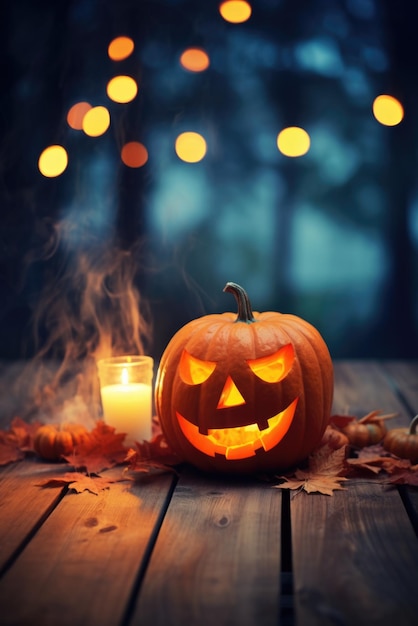 Joyeux Halloween effrayant à l'arrière-plan avec Jack o lanterne sculpté visage citrouille