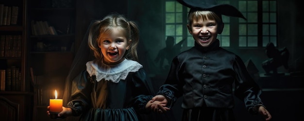 Joyeux Halloween Les enfants en costumes de carnaval La nuit d'Halloween effrayante