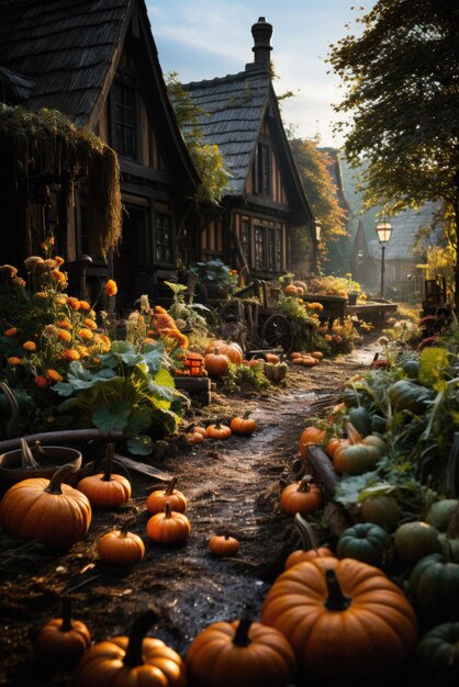 Joyeux Halloween fond effrayant citrouilles effrayantes dans le jardin de la vieille maison effrayante