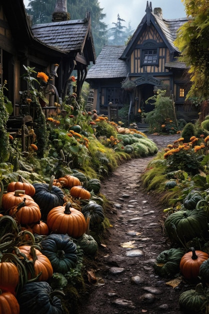 Joyeux Halloween fond effrayant citrouilles effrayantes dans le jardin de la vieille maison effrayante