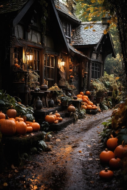 Joyeux Halloween fond effrayant citrouilles effrayantes dans le jardin de la vieille maison effrayante