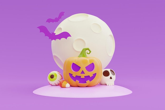 Joyeux Halloween avec JackoLantern citrouille personnage bonbons os et chauve-souris sous la lune sur fond violet rendu 3d