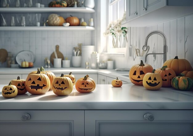 Joyeux Halloween la lanterne citrouille Jack avec un sourire sculpté pour des vacances en famille à la maison kinchen AI généré