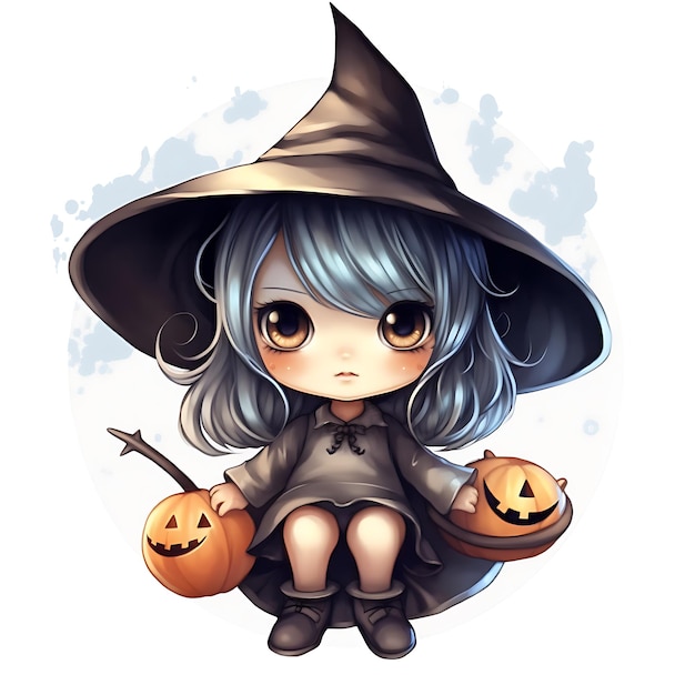 Joyeux Halloween mignon Kawaii sorcière citrouille dessin animé illustrateur bébé sorcière Halloween sorcières Clipart