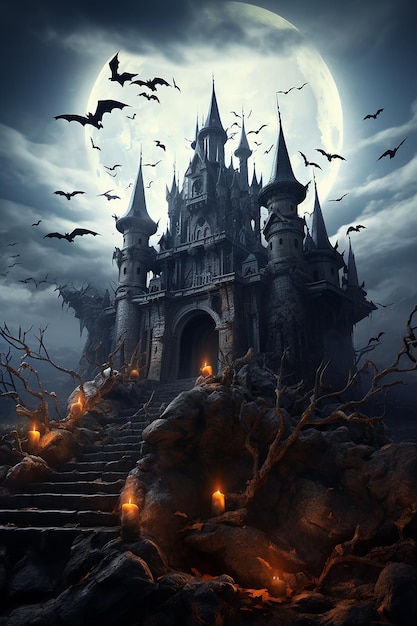 Joyeux Halloween avec nuit et château effrayant