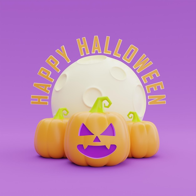 Joyeux Halloween avec le personnage de citrouilles JackoLantern sous la lune sur fond violet rendu 3d