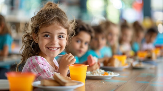 Photo joyeux heureux mignon drôle étudiants enfants mangent dans la cafétéria de l'école salle à manger cantine garçon d'enfance