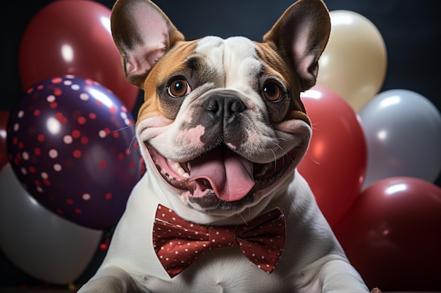 Joyeux Jack Russell gâteau cravate rouge chapeau de fête ballons fond blanc célébration