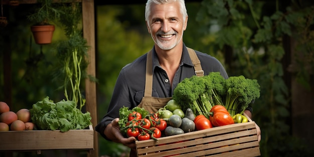 Un joyeux jardinier tient fièrement une caisse de légumes frais cultivés avec soin et effort La récolte est leur fierté AI Generative AI