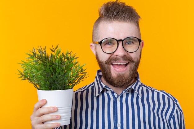 Joyeux jeune homme drôle tenant un pot avec des plantes sur un mur jaune