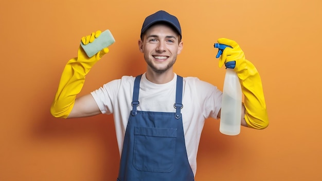 Joyeux jeune homme de ménage portant des vêtements décontractés et un chapeau dans des gants en caoutchouc tenant une bouteille de pulvérisateur et s